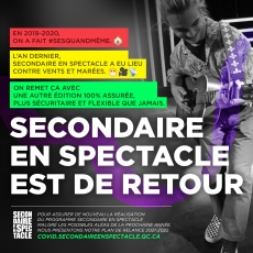 Inscriptions en cours : Avec son plan COVID 2021-2022, Secondaire en spectacle propose une autre édition motivante, sécuritaire et 100% assurée Inscriptions en cours : Avec son plan COVID 2021-2022, Secondaire en spectacle propose une autre édition motivante, sécuritaire et 100% assurée